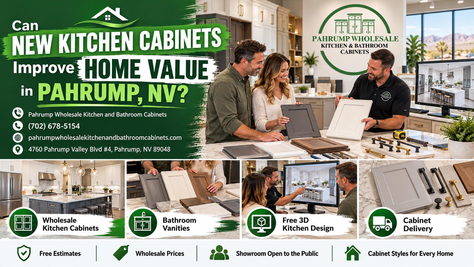 Updated kitchen cabinets in a Pahrump, NV home illustrating how new kitchen cabinets can improve home value through buyer perception and remodel quality
