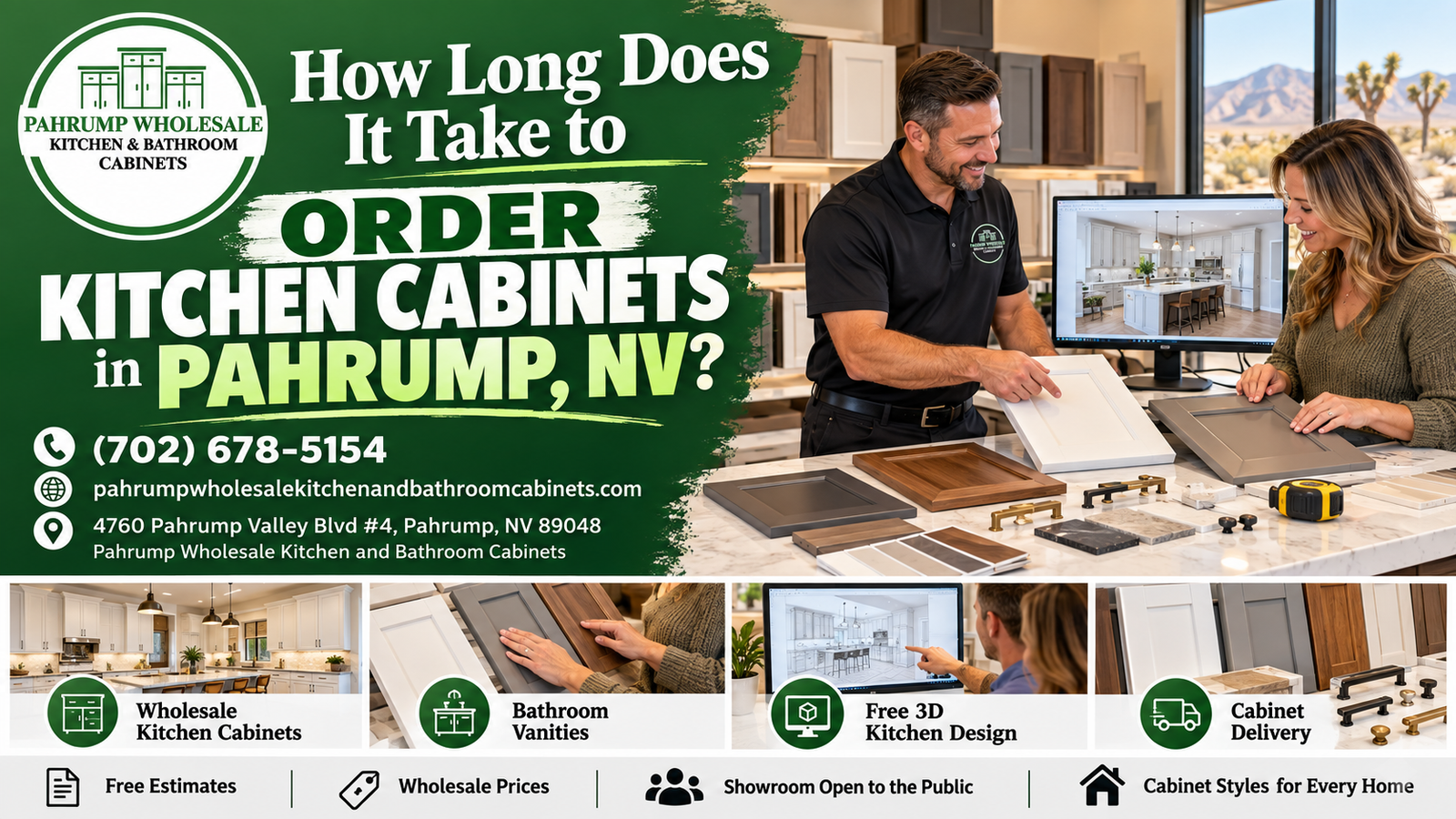 Kitchen cabinet samples and layout plans illustrating how long it takes to order kitchen cabinets in Pahrump, NV