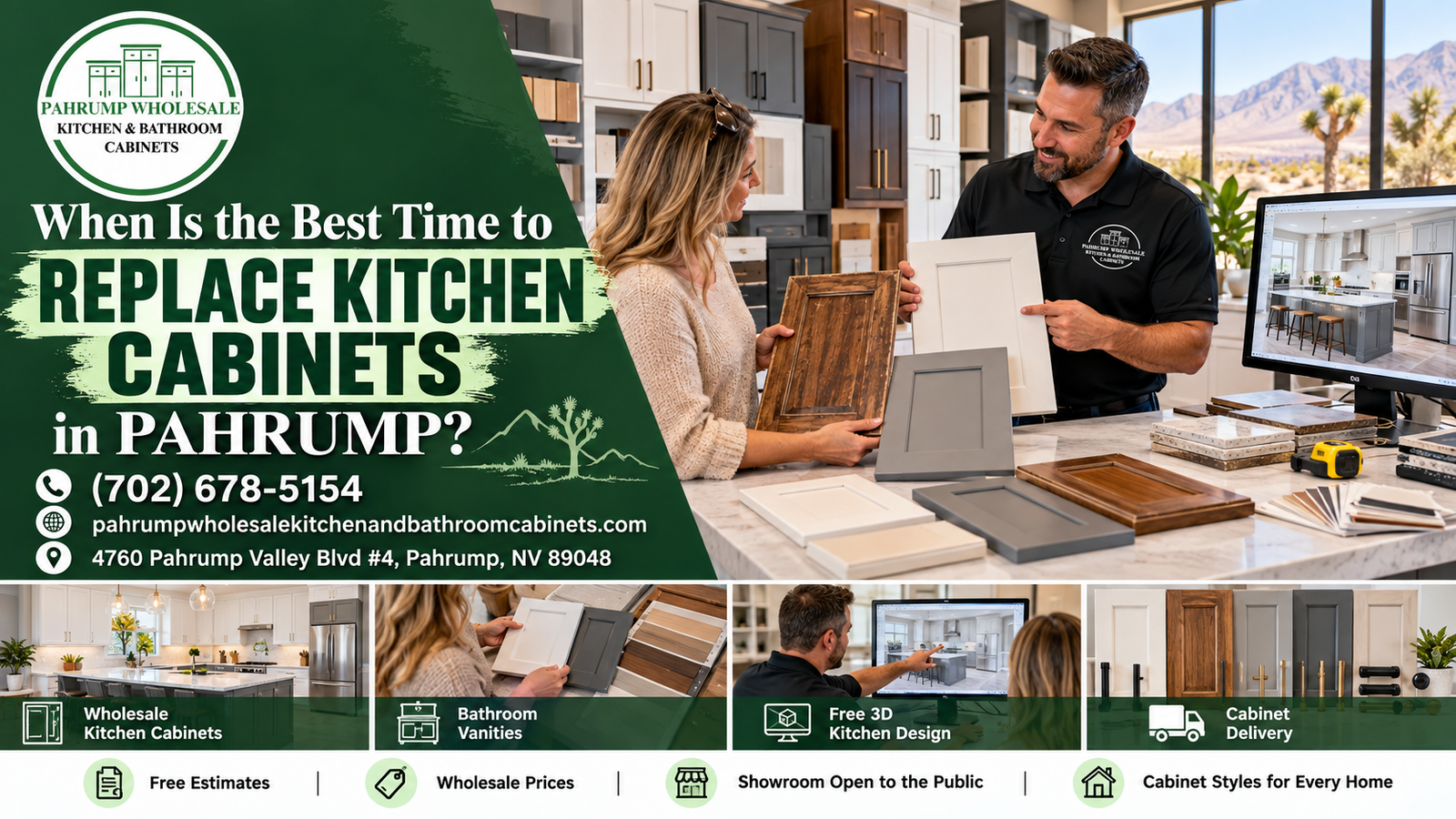 Pahrump kitchen with cabinet samples and a seasonal desert timing theme, illustrating when to replace kitchen cabinets in Pahrump, Nevada