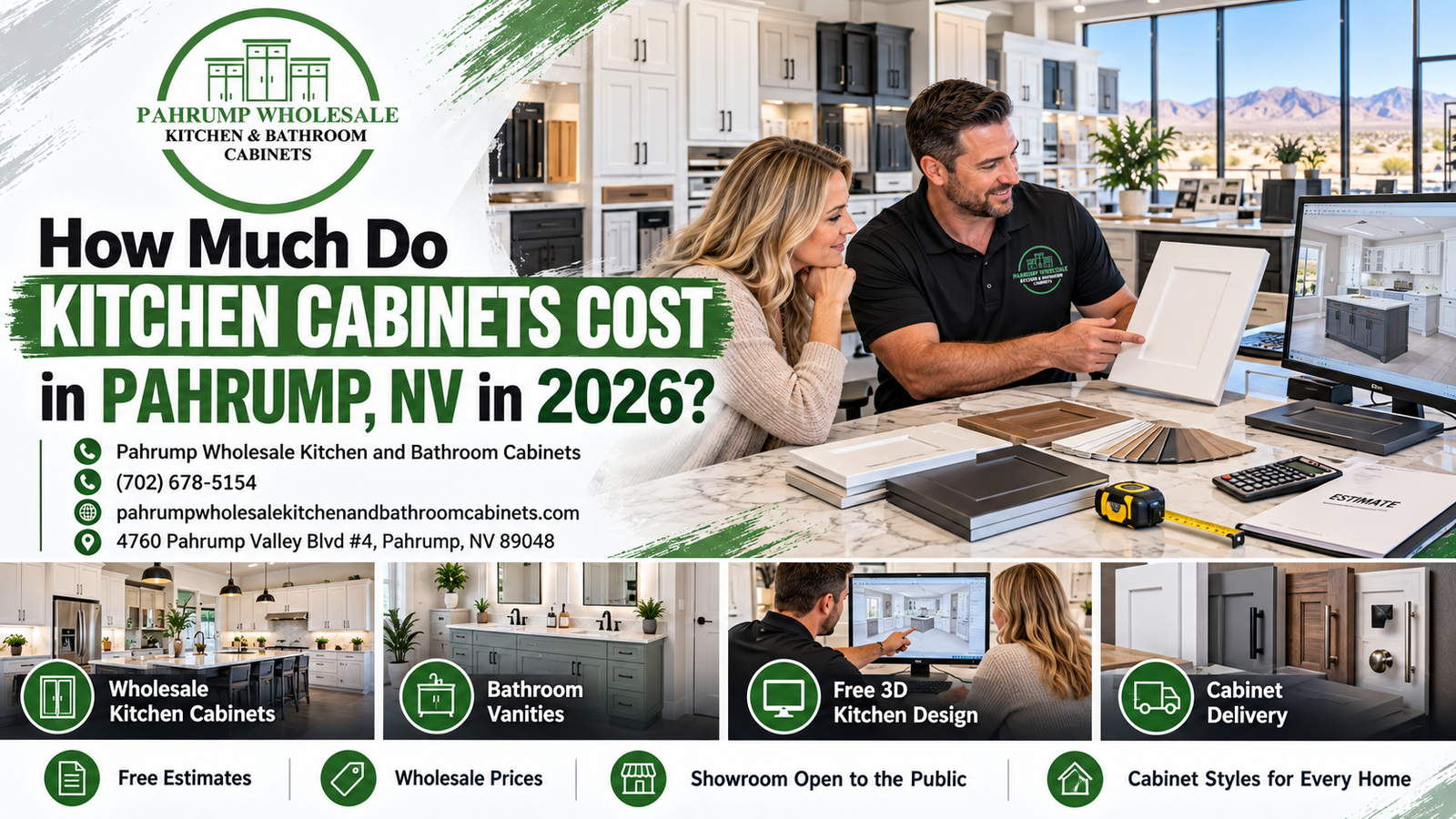 2026 Pahrump kitchen cabinet cost guide graphic with cabinet samples, measuring tape, and planning notes for southern Nevada homeowners