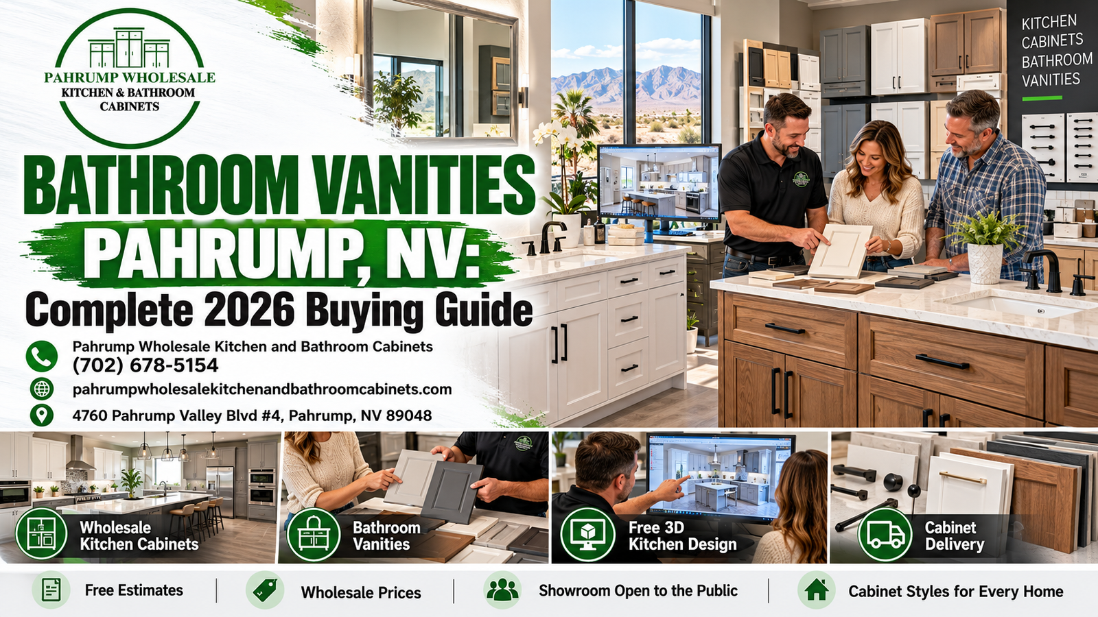 Bathroom vanities for Pahrump, Nevada homes, showing a finished double-sink vanity with stone top, drawers, and wall mirror beside single-sink and floating vanity options in a bright desert-home bathroom
