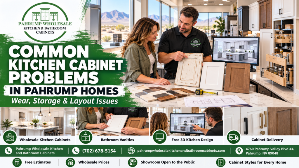 Pahrump Wholesale Kitchen and Bathroom Cabinets guide graphic on common kitchen cabinet problems in Pahrump homes, covering worn and peeling finishes, water-damaged sink bases, failing hardware, cramped storage, and awkward kitchen layouts.