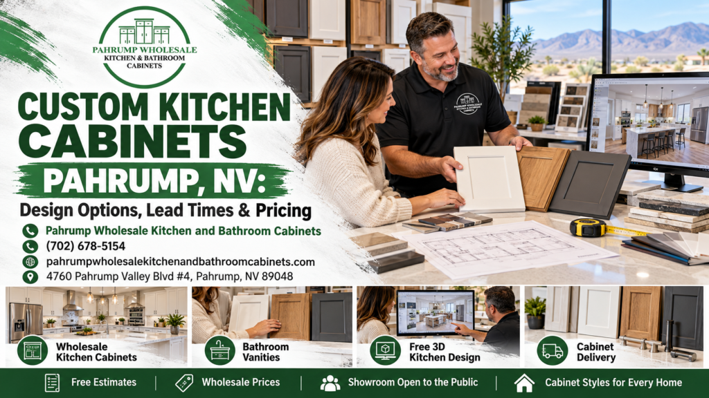 Custom kitchen cabinets for Pahrump, Nevada homes, showing a finished kitchen with full-height painted cabinets, a large island, a built-in pantry wall, and panel-ready appliances in a bright desert-home setting.