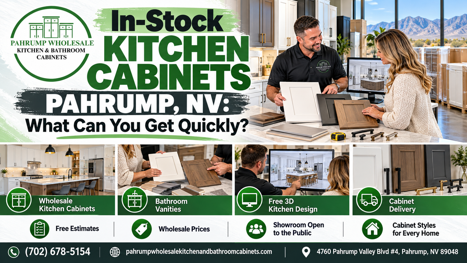 In-stock kitchen cabinets in Pahrump, NV, showing a showroom consultation with white Shaker, dark gray, and wood-tone door samples, hardware, and a measuring tape on a counter, with desert mountains outside the windows