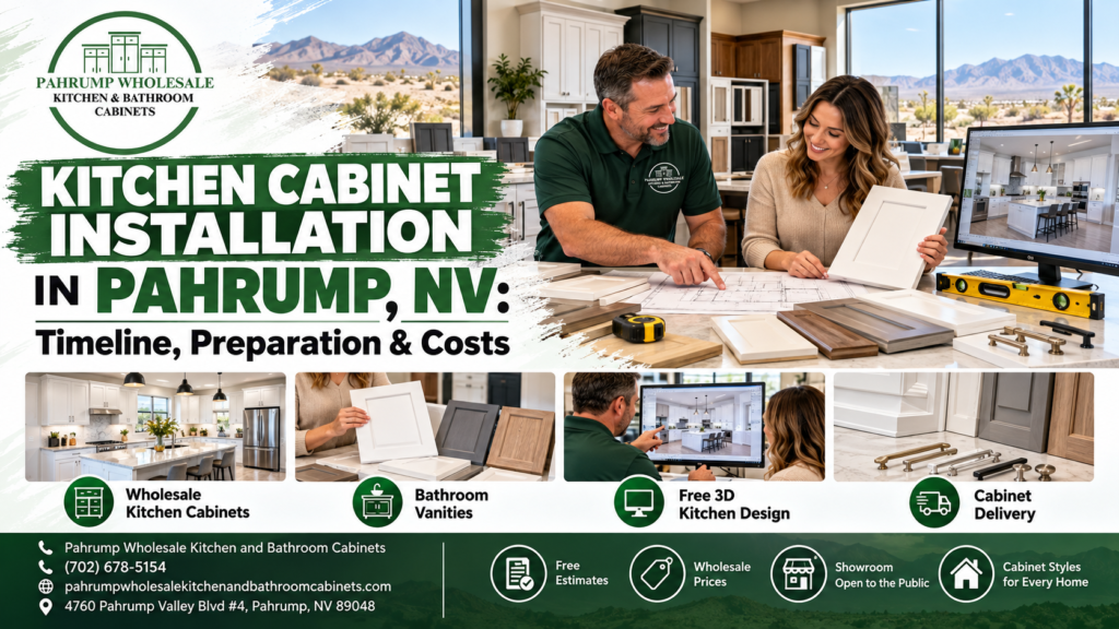 Kitchen cabinet installation in Pahrump, NV: a cabinet specialist and homeowner reviewing layout plans, door samples, a level, and a tape measure in a bright showroom with desert mountains outside.
