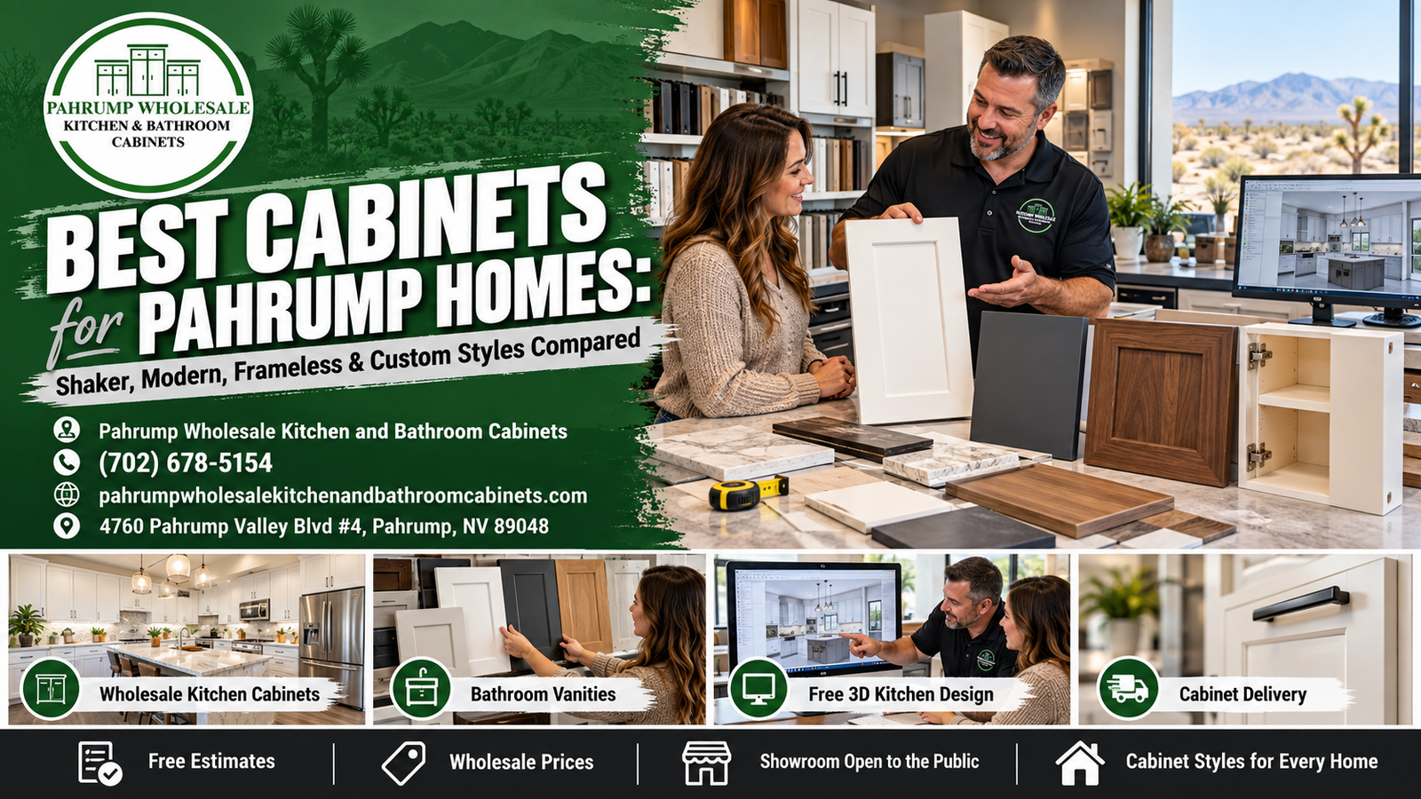 Side-by-side comparison of Shaker, modern flat-panel, frameless European, and custom kitchen cabinet styles for Pahrump, NV homes
