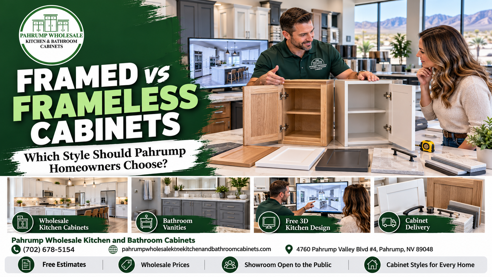 Pahrump Wholesale Kitchen and Bathroom Cabinets showroom staff comparing a wood framed cabinet box and a white frameless cabinet box with a homeowner, with door samples, pulls, and a tape measure on the counter