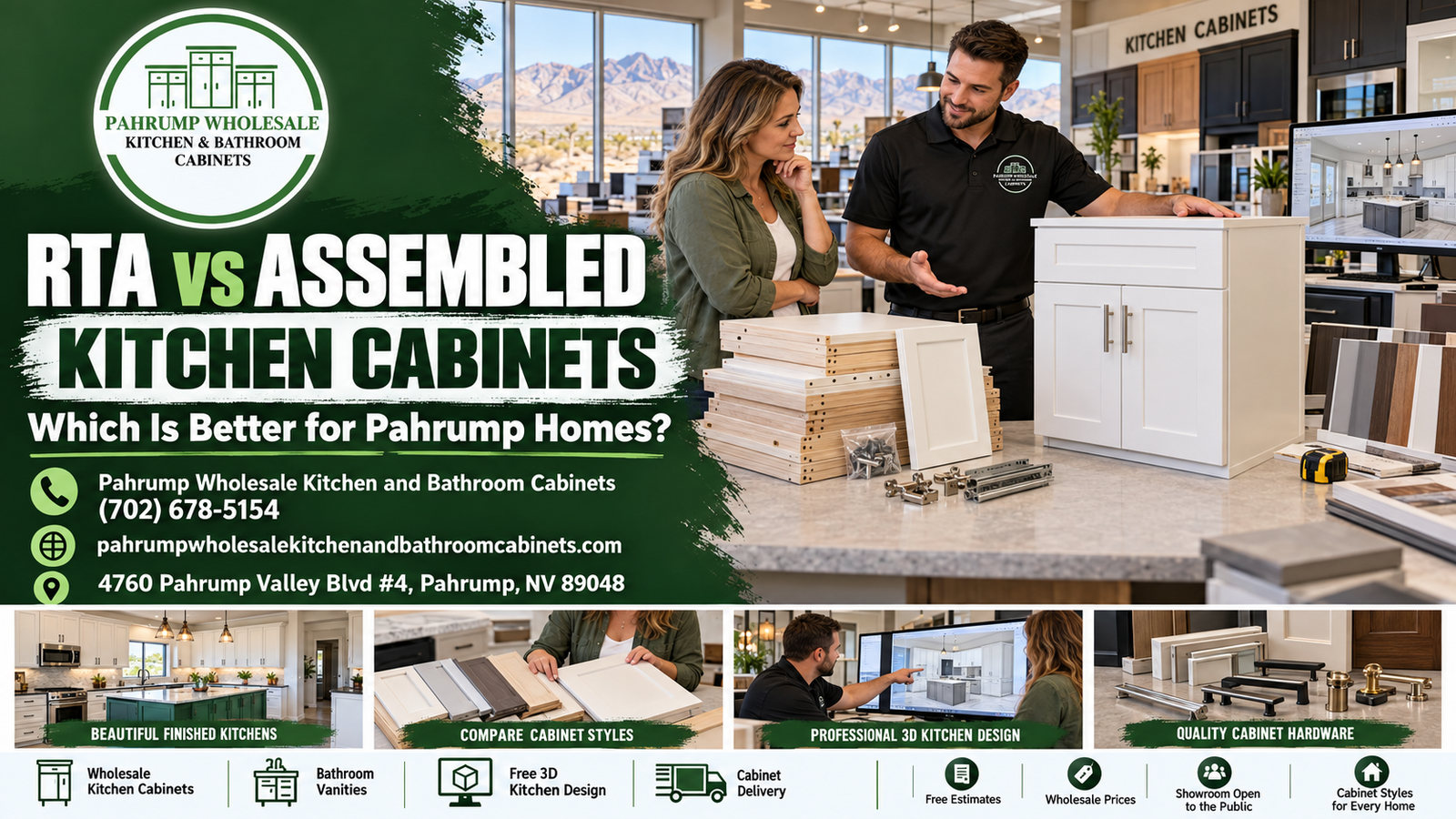Showroom staff member at Pahrump Wholesale Kitchen and Bathroom Cabinets showing a customer flat-pack RTA cabinet panels and hardware beside a fully assembled white Shaker base cabinet