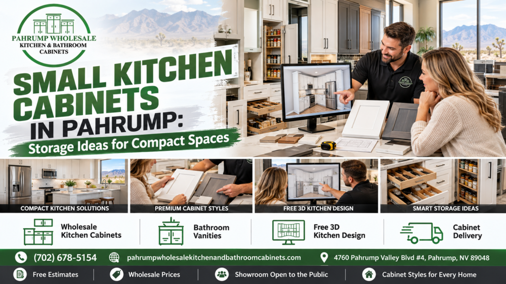 Small kitchen cabinets in Pahrump, Nevada, showing a cabinet designer and homeowner comparing door samples beside a kitchen layout on screen, with compact kitchen, spice pull-out, and drawer storage photos.