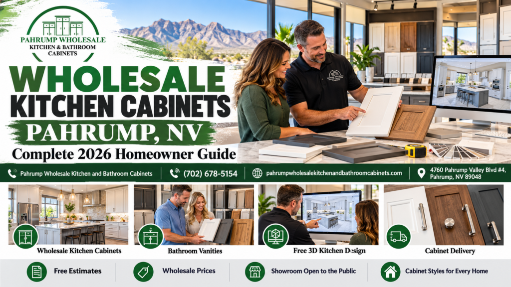 Pahrump homeowners comparing white Shaker and wood-grain kitchen cabinet door samples with a showroom staff member at a stone counter, with cabinet displays and desert mountains behind them, for a guide to wholesale kitchen cabinets in Pahrump, NV.