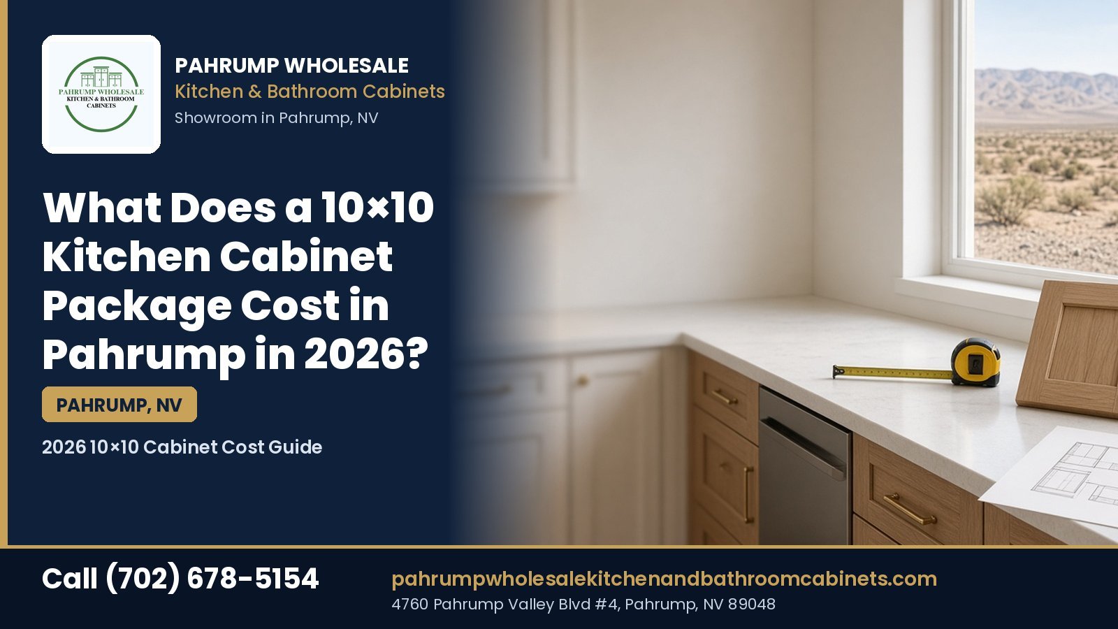 10x10 kitchen cabinet cost planning in Pahrump, NV, with a measured L-shaped kitchen, floor plan, and tape measure, from Pahrump Wholesale Kitchen and Bathroom Cabinets
