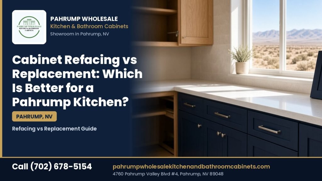 Cabinet refacing vs replacement for a Pahrump kitchen, comparing older oak cabinet boxes with new navy cabinet doors, from Pahrump Wholesale Kitchen and Bathroom Cabinets