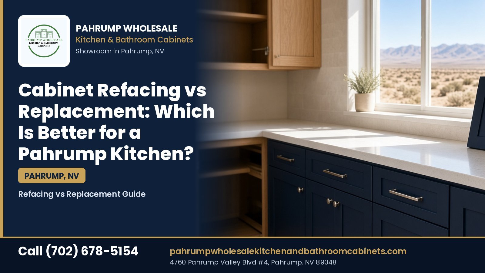 Cabinet refacing vs replacement for a Pahrump kitchen, comparing older oak cabinet boxes with new navy cabinet doors, from Pahrump Wholesale Kitchen and Bathroom Cabinets