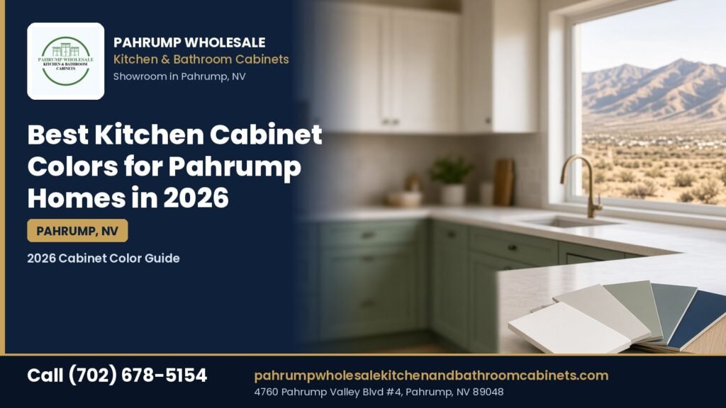 Best kitchen cabinet colors for Pahrump homes in 2026, with sage green lower cabinets and a fan of cabinet color samples, from Pahrump Wholesale Kitchen and Bathroom Cabinets