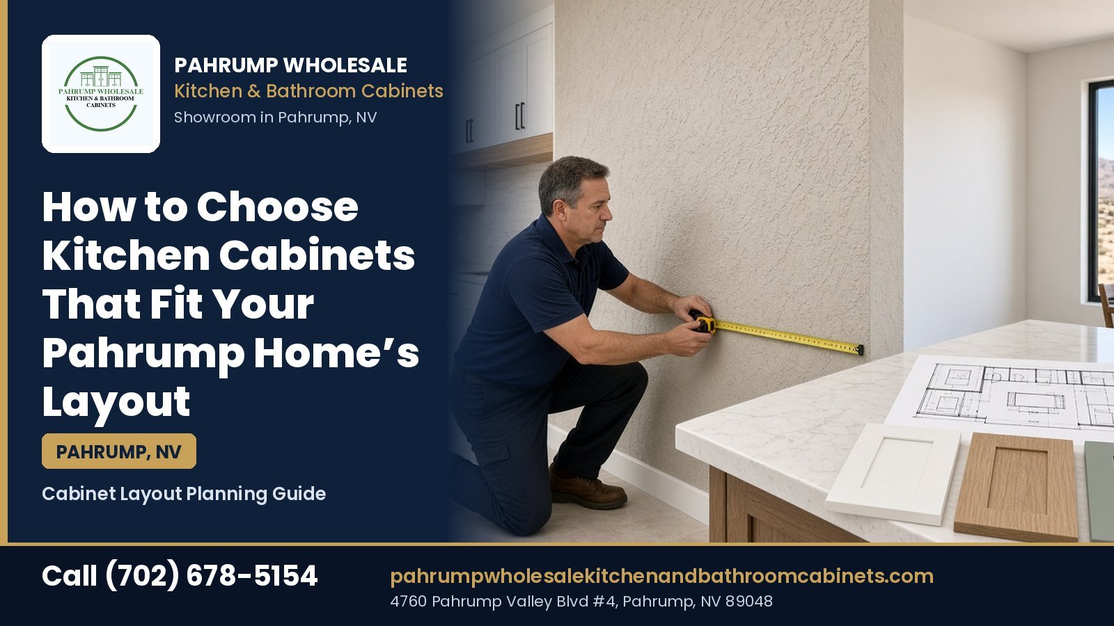 How to choose kitchen cabinets that fit your Pahrump home's layout, showing a cabinet specialist measuring a kitchen wall with a tape measure beside a printed floor plan and white, wood, and sage door samples in a desert home